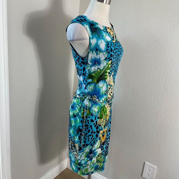 Cache Womens Medium Blue Floral Leopard Print Sleeveless Sheath Dress Chain Belt - Picture 2 of 12